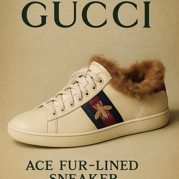 Gucci Ace Fur Lined Sneakers Bee Patch Vanilla Leather Sz 36.5 / US 6 – Italy - Picture 1 of 11